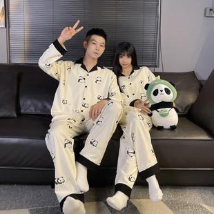 男夏 ins卡通可爱熊猫情侣睡衣女春秋季 长袖 薄款 青少年家居服套装
