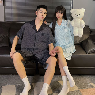 可外穿家居服套装 韩系ins简约情侣睡衣女夏季 短裤 冰丝薄款 男 短袖
