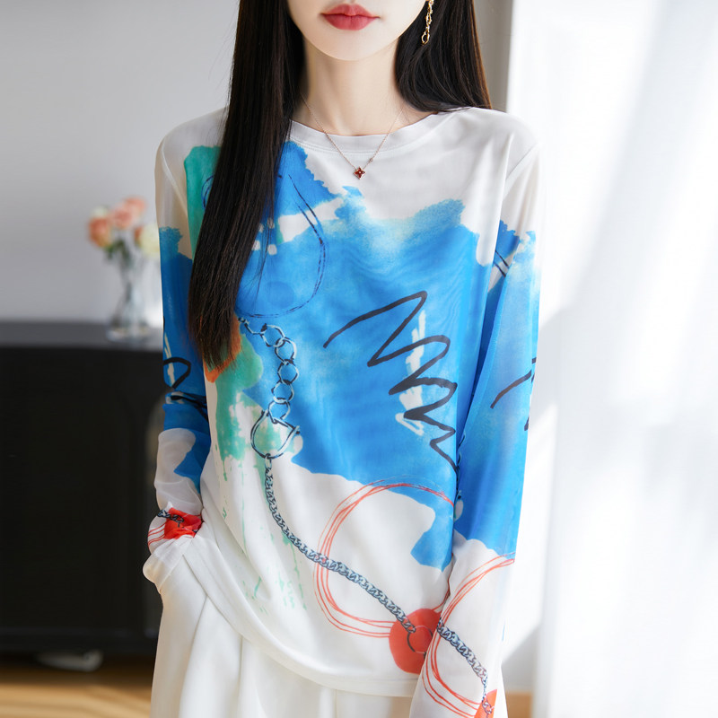 夏季新款圆领长袖防晒衫女天丝皮肤衣双层网纱彩色提花长袖t恤女