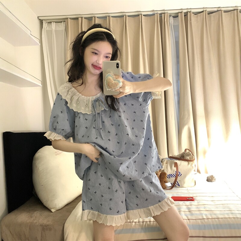 韩版甜美蝴蝶结全棉布睡衣女款夏2026新款圆领花边短袖家居服套装