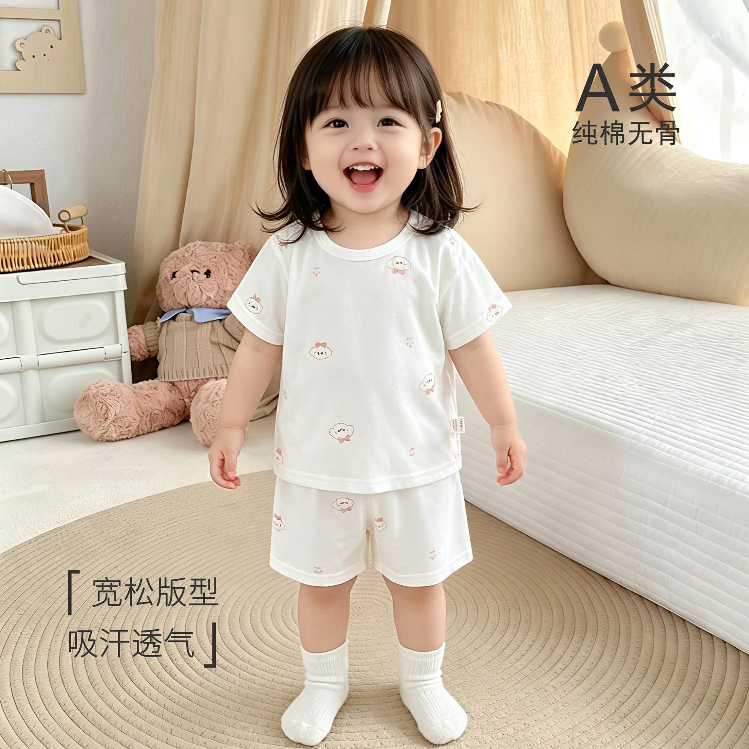 宝宝分体套装夏季薄款纯棉衣服夏天婴儿t恤短裤男女儿童短袖夏装