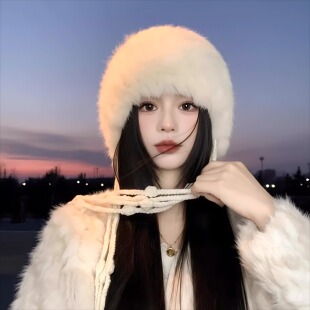 白色真兔毛针织渔夫帽子女款2025新款冬季毛绒护耳保暖流苏毛线帽