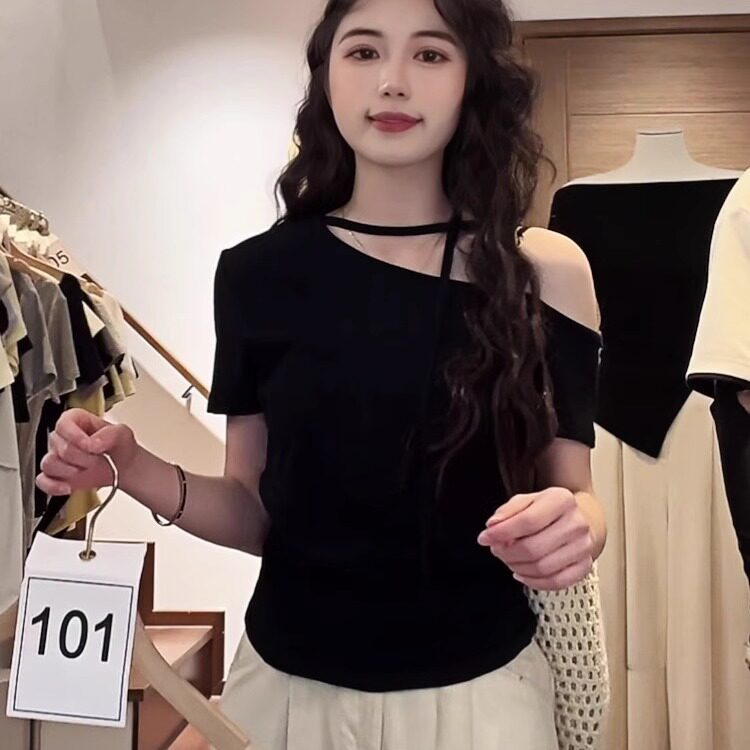 高级感辣妹斜领露肩系带短袖T恤女2026夏季新款小众修身显瘦上衣