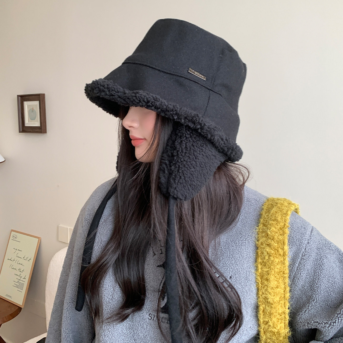 新款可拆卸护耳渔夫帽女秋冬保暖防寒帽加绒加厚帽子羊羔绒水桶帽