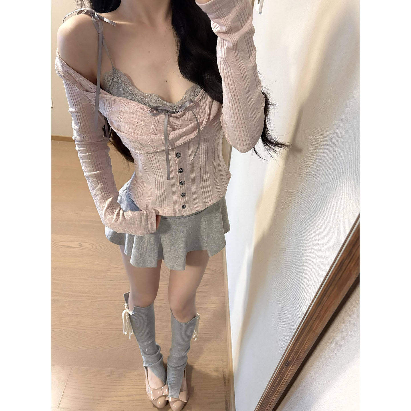 韩系纯欲粉色一字肩长袖T恤女春季修身打底衫蕾丝吊带上衣两件套
