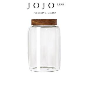 将 JOJO& x27;S PD.Um.储物罐螺纹口玻璃密封罐木盖青梅荔枝