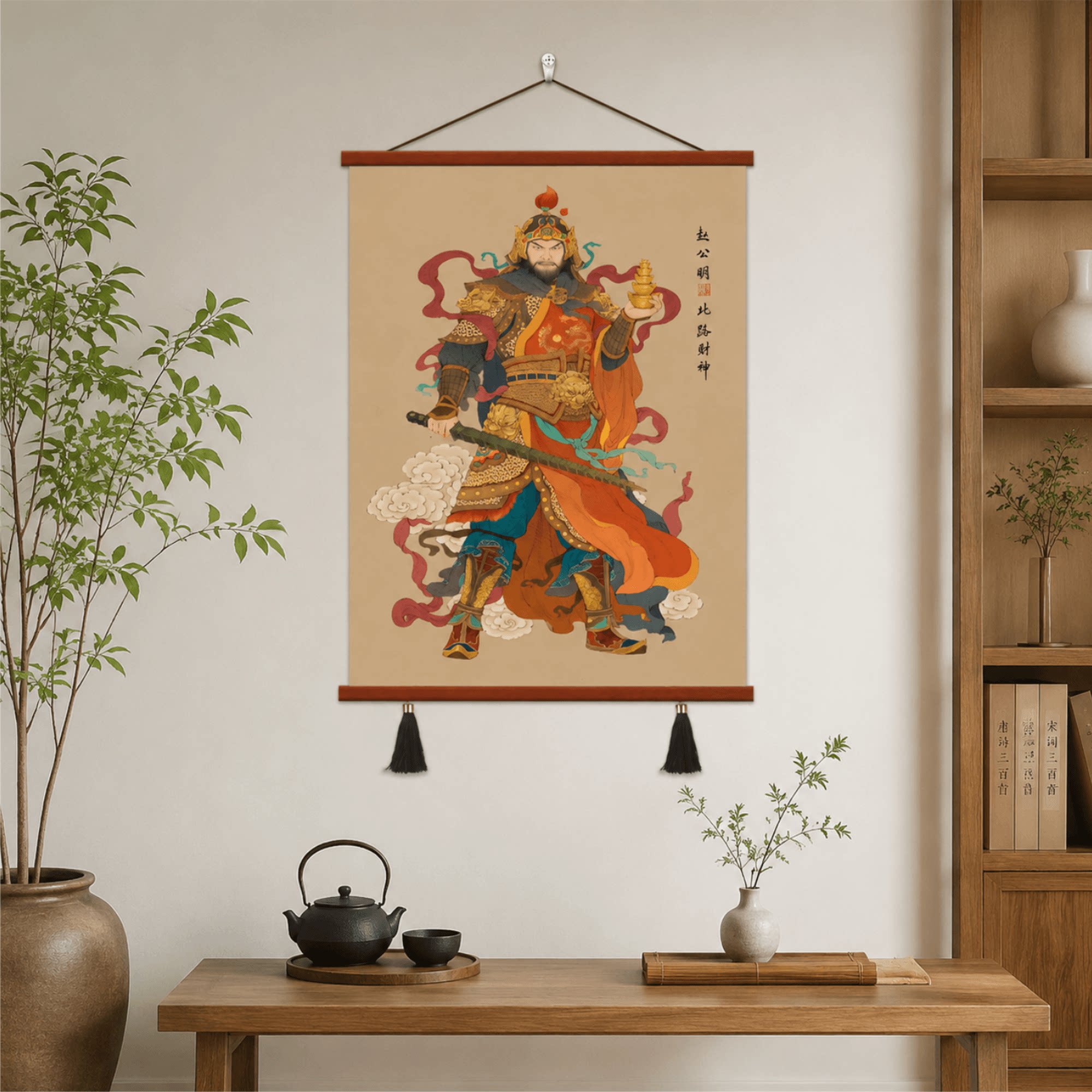 中式客厅玄关走廊招财镇宅赵公明财神画像挂画书房茶室墙面装饰画