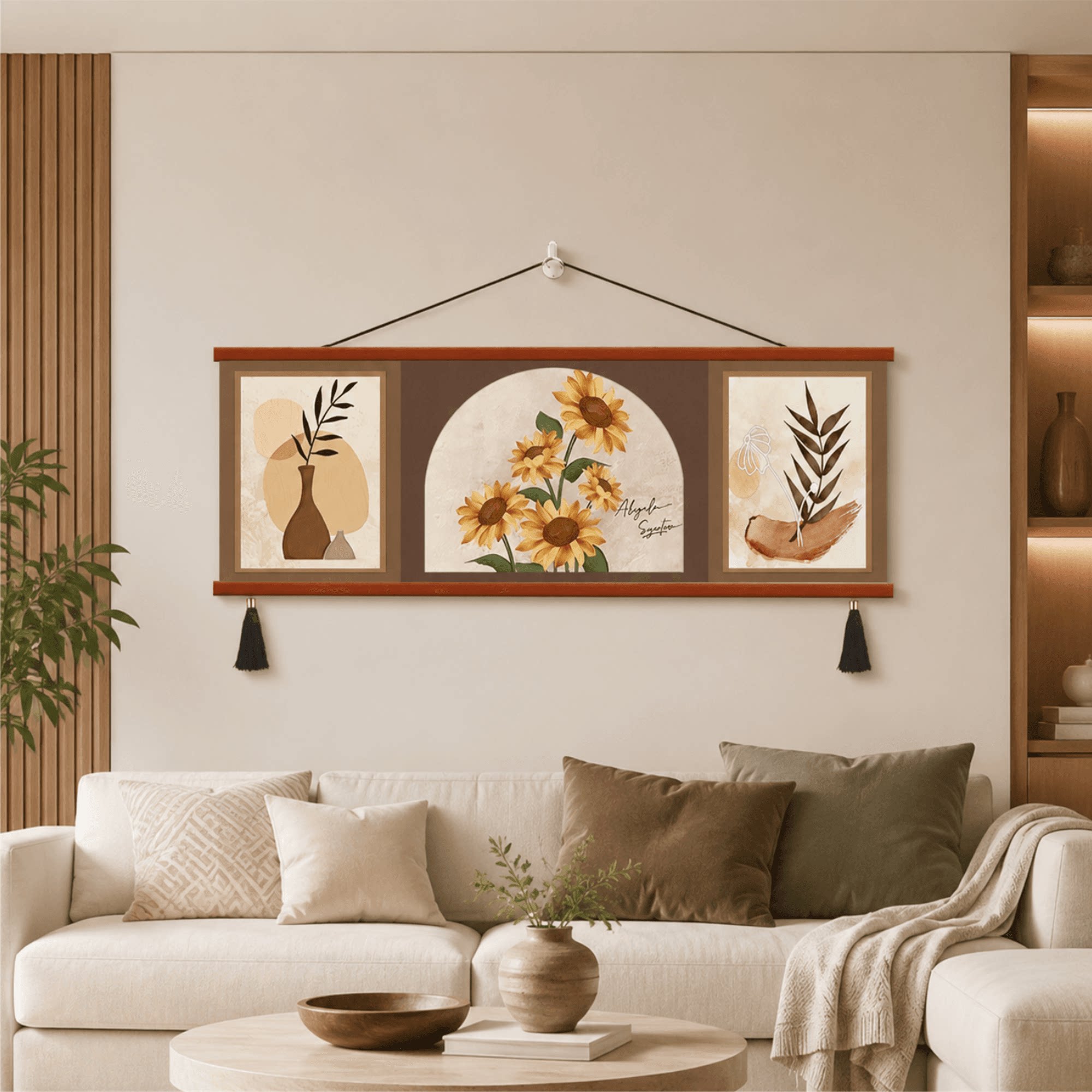 复古侘寂风客厅沙发背景墙向日葵三联装饰画卧室床头温馨高级挂画