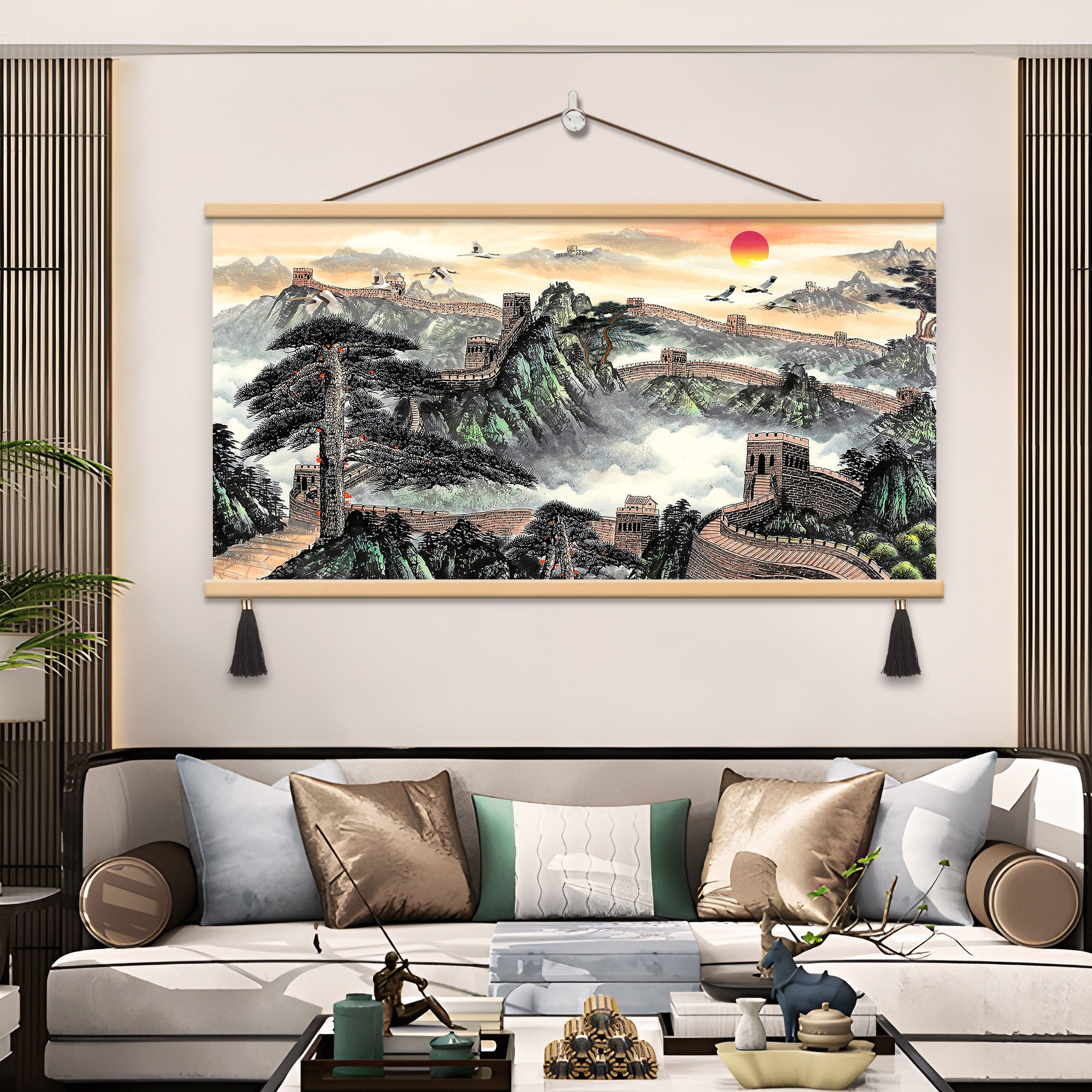 中式山水画万里长城挂画客厅沙发背景墙装饰画松木框流苏吊穗,家居饰品,现代装饰画,淘宝优惠券,粉丝福利购,淘宝优惠卷