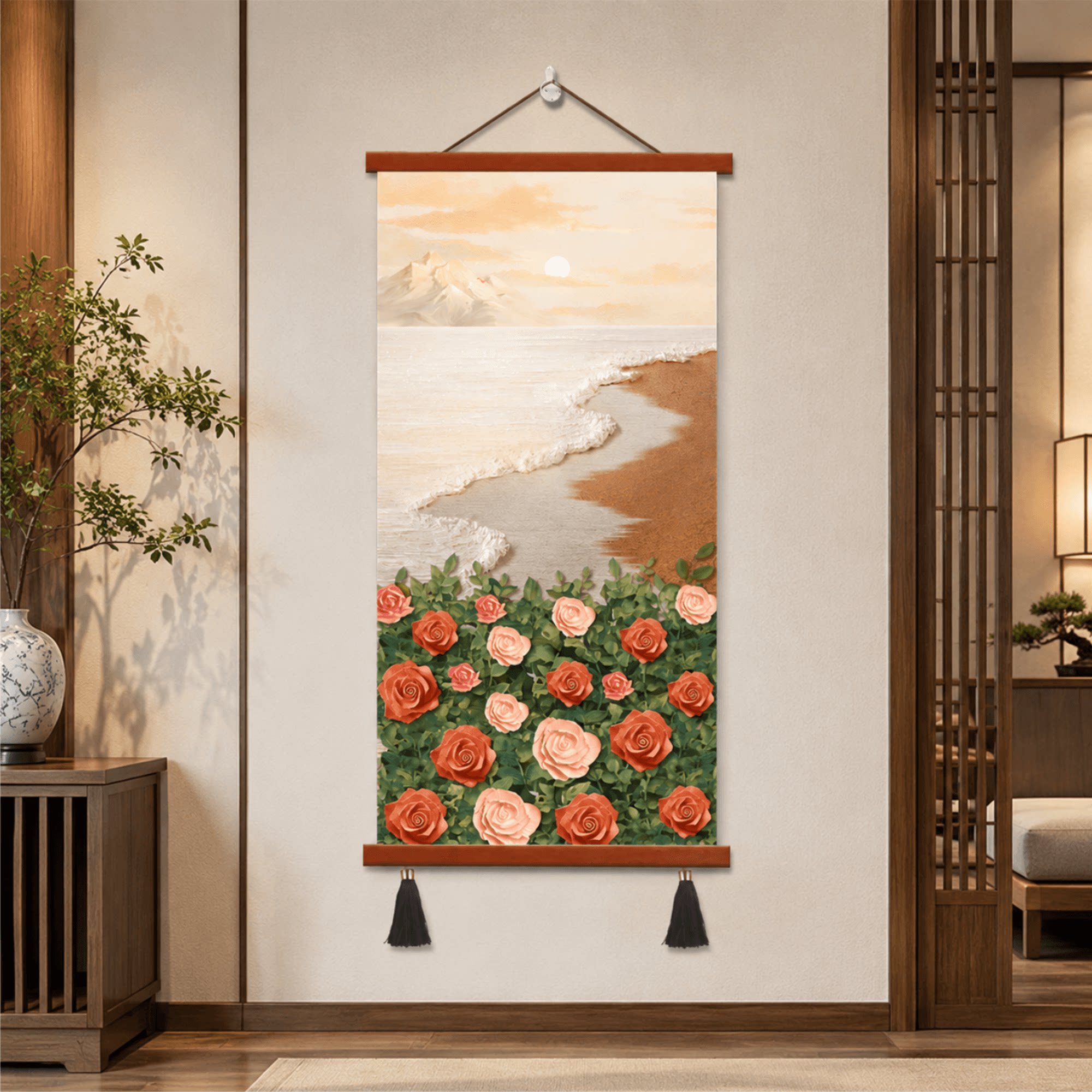 暖色调海边玫瑰日出玄关装饰挂画走廊过道轻奢客厅卧室墙面装饰画