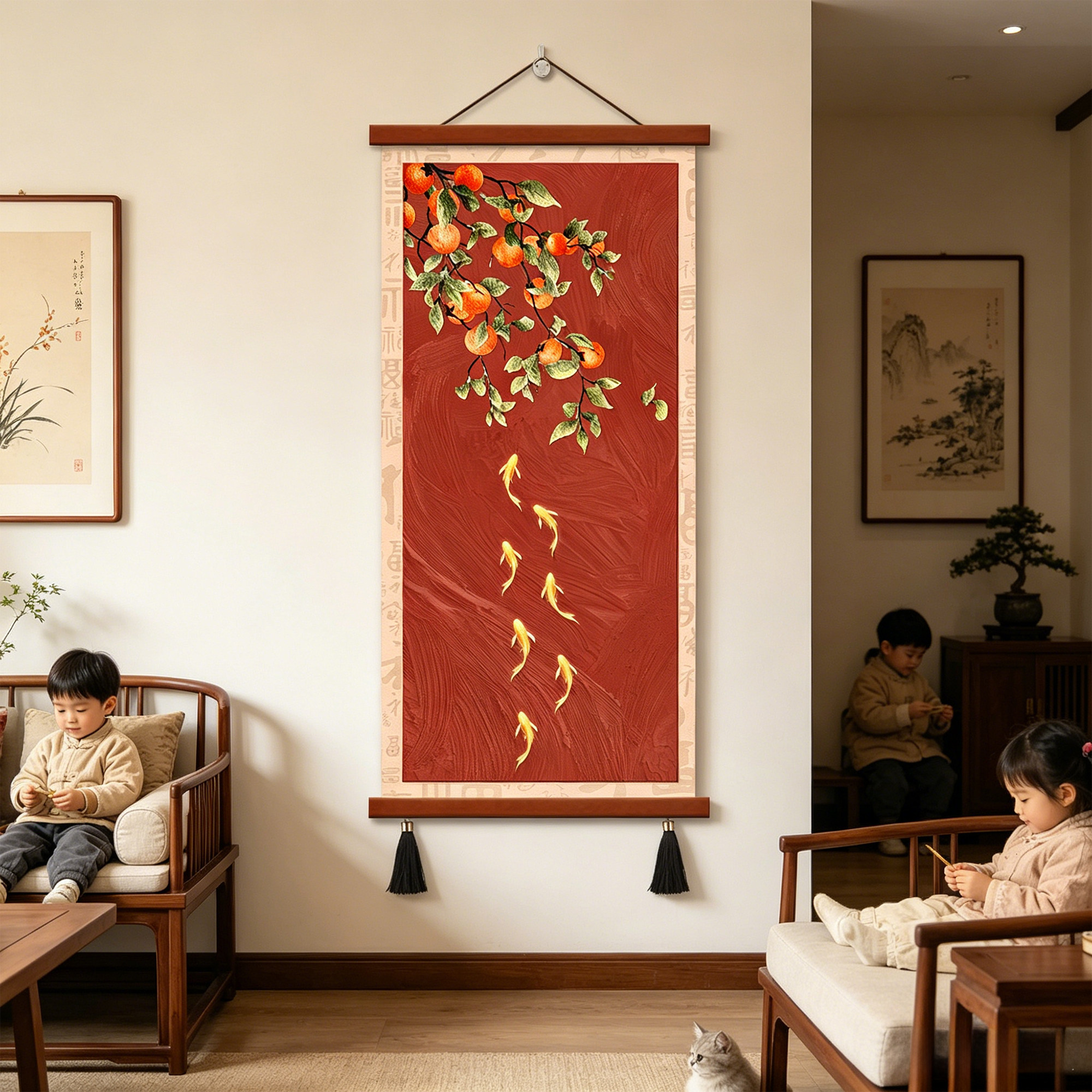 宋代美学客厅入户见喜装饰画新中式走廊过道玄关挂画红色喜庆壁画