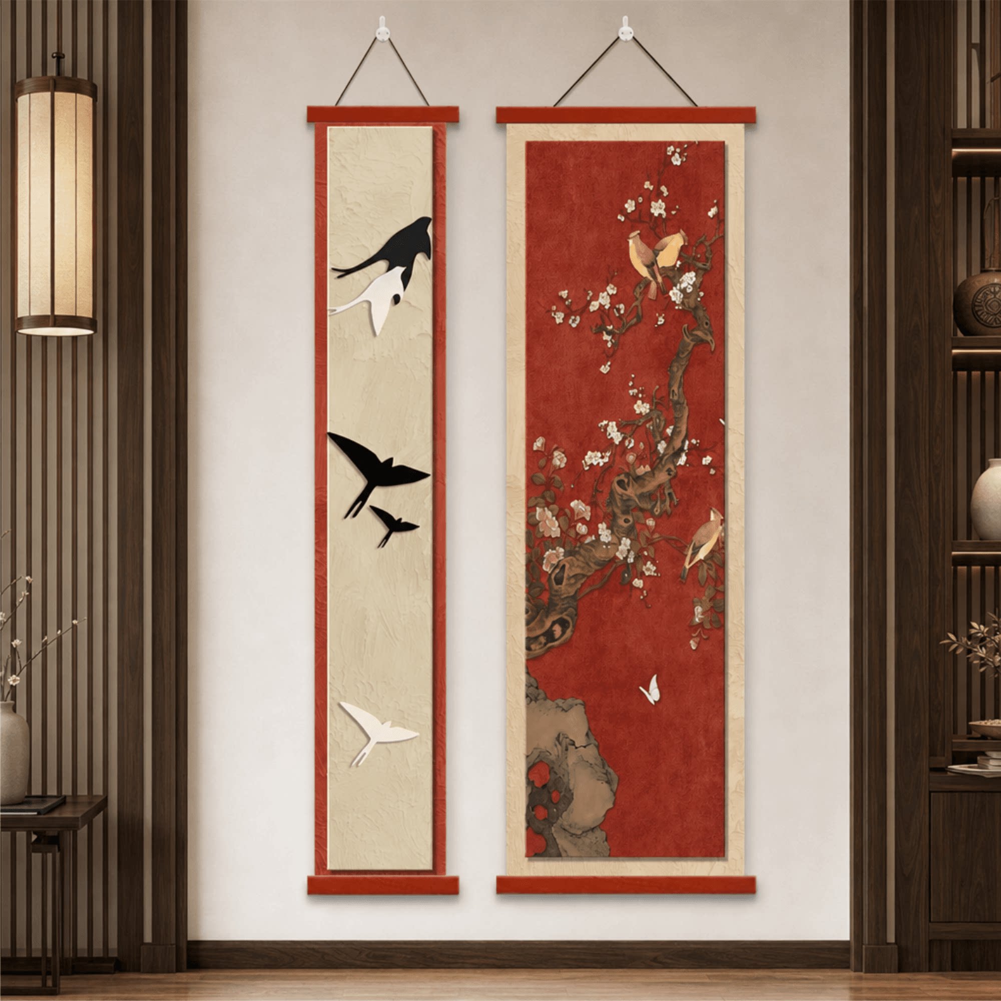 新中式客厅玄关走廊双联花鸟装饰画喜上眉梢飞鸟轻奢壁画家居软装