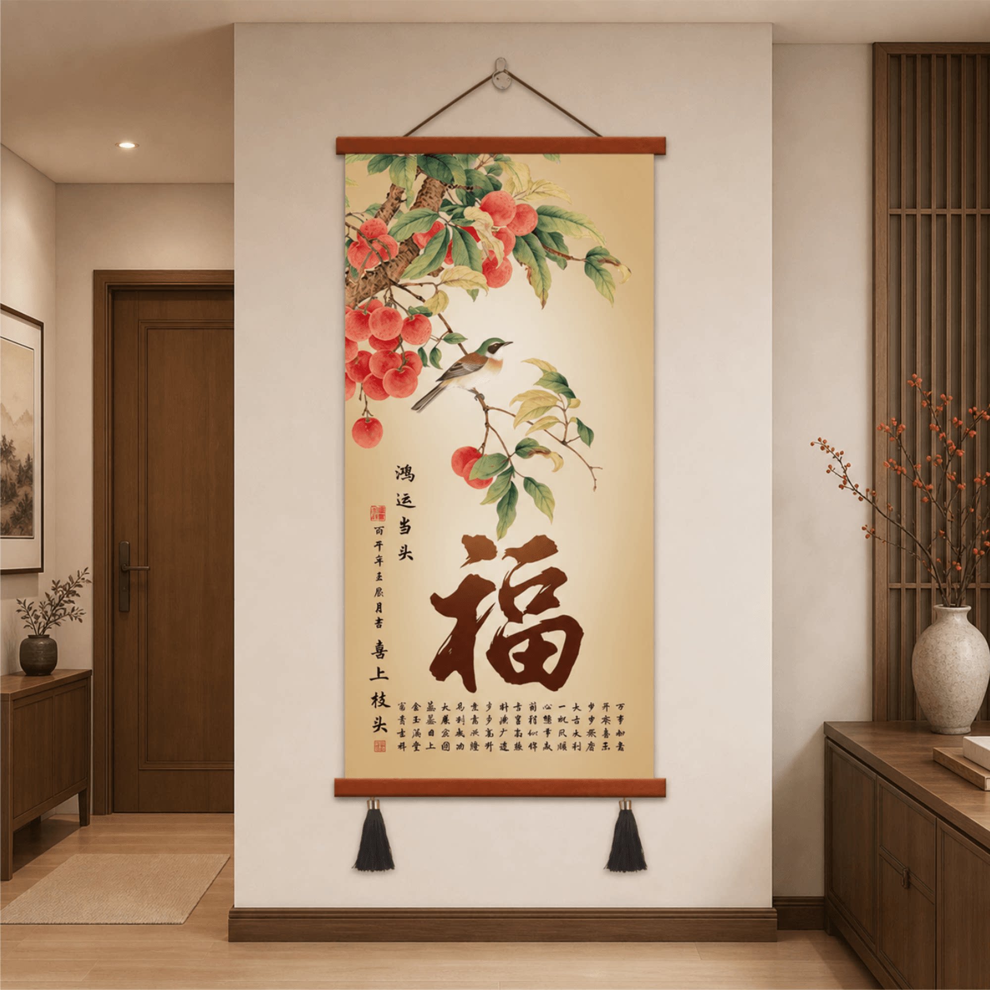 新中式轻奢玄关鸿运当头福字荔枝花鸟客厅卧室过道餐厅墙面装饰画
