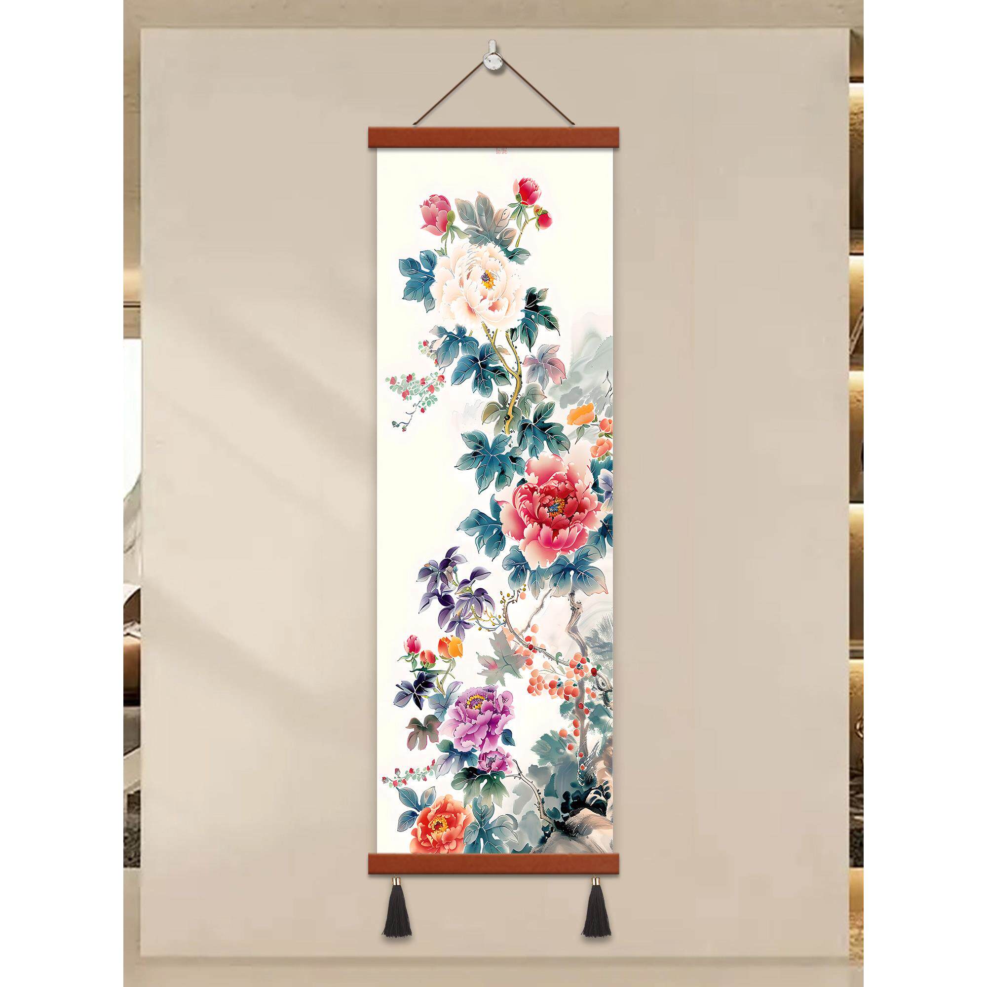 竖款牡丹花开富贵卷轴挂画客厅玄关入户山水字画卧室花鸟装饰国画