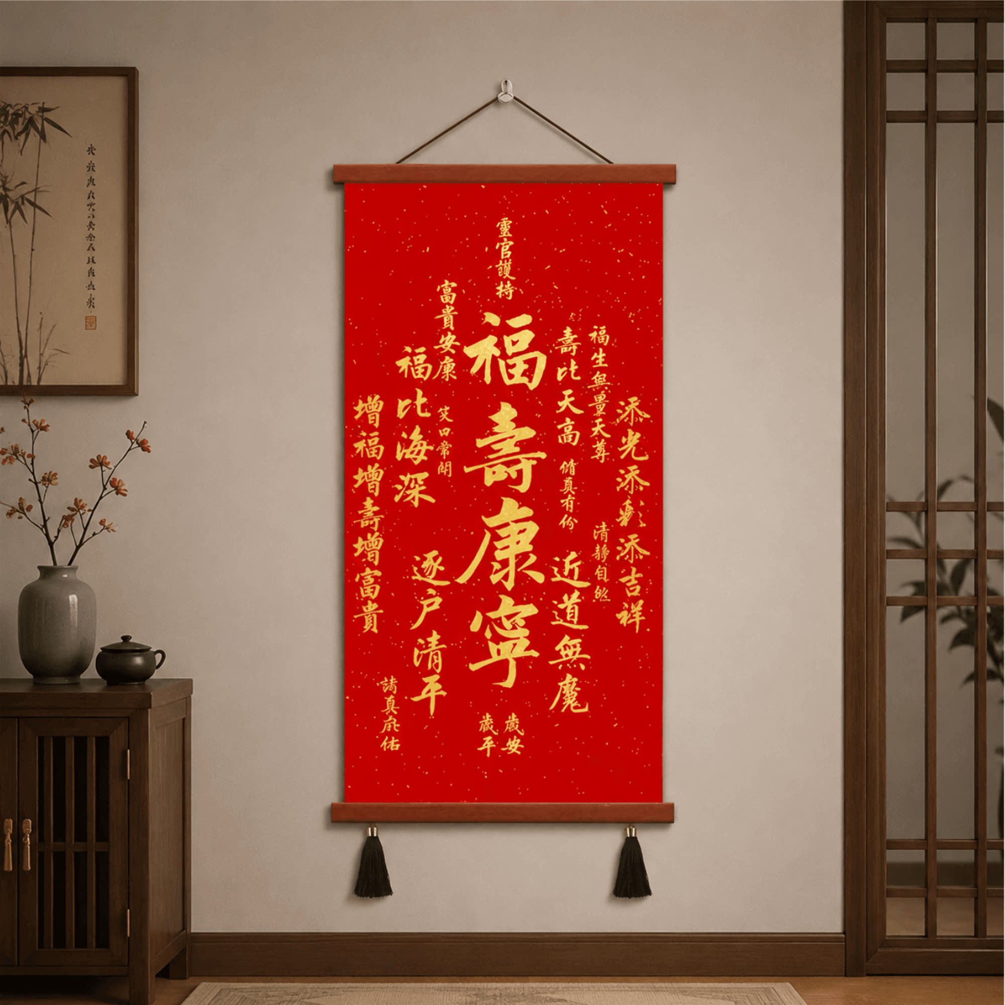 新中式红底金字福寿康宁挂画入户走廊过道客厅玄关书房墙面装饰画
