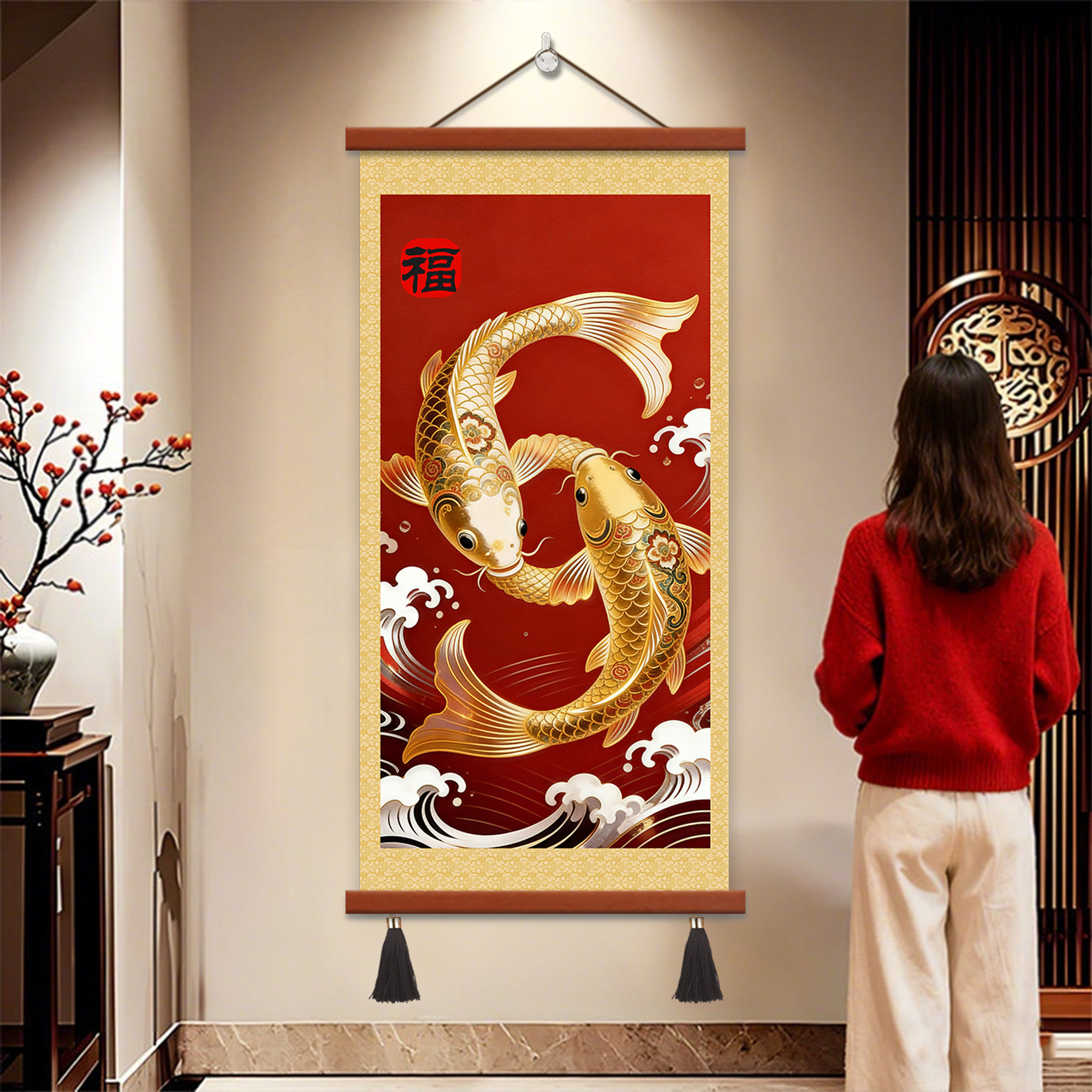 新中式鲤鱼挂画实木画杆锦鲤送福跃龙门玄关入户招财进宝装饰画