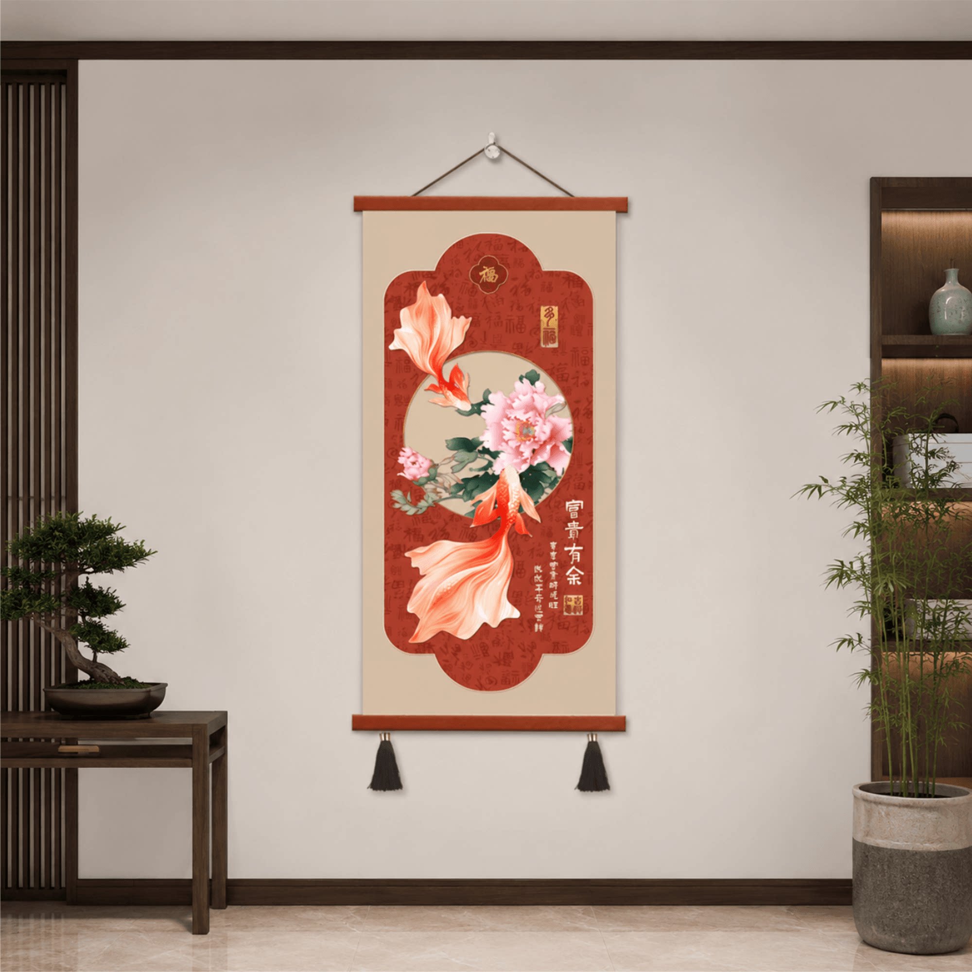 新中式玄关客厅富贵有余牡丹金鱼挂画餐厅走廊墙面招财风水装饰画