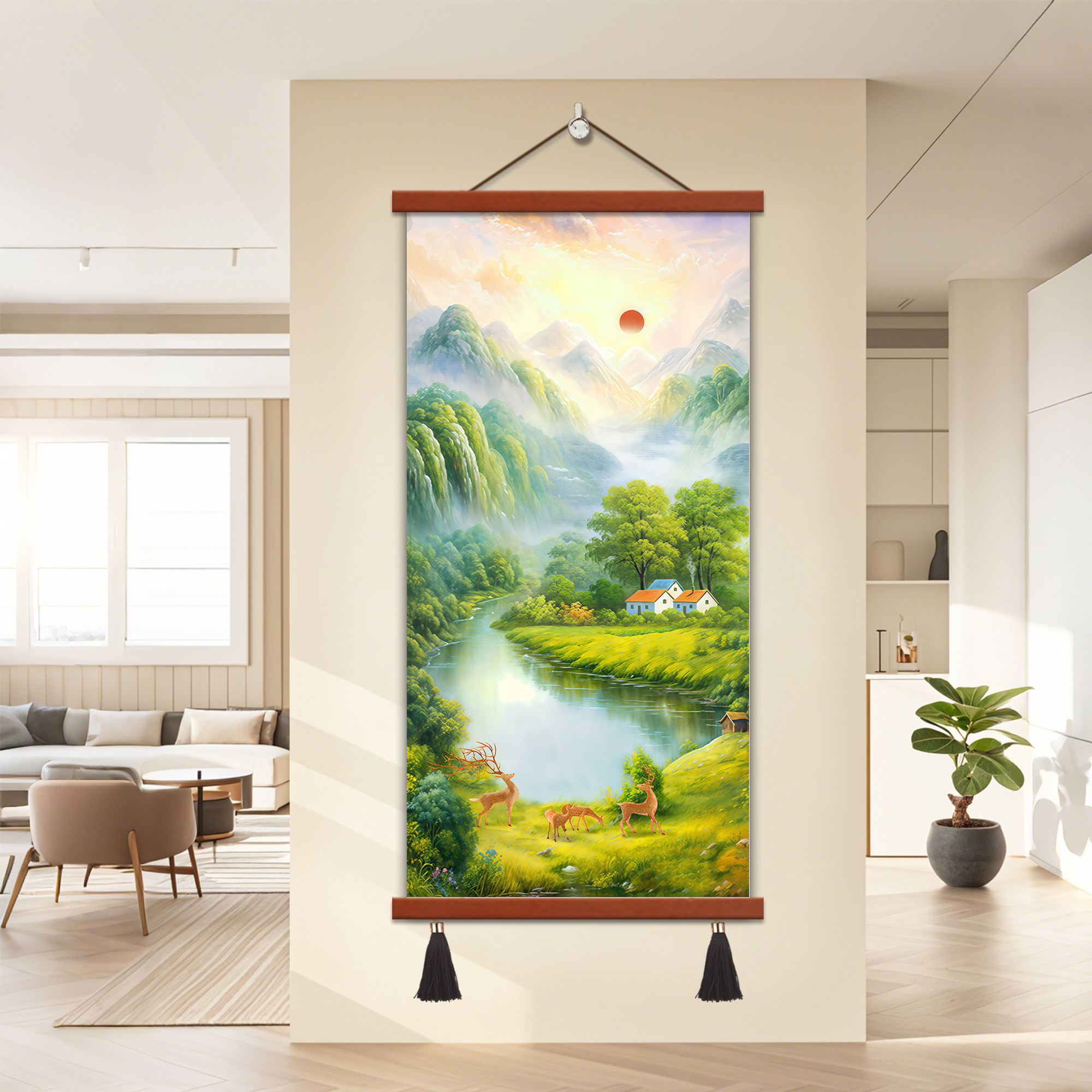 中式风水画山水风景画客厅装饰画靠山聚宝盆招财卷轴挂画旭日东升,家居饰品,现代装饰画,淘宝优惠券,粉丝福利购,淘宝优惠卷