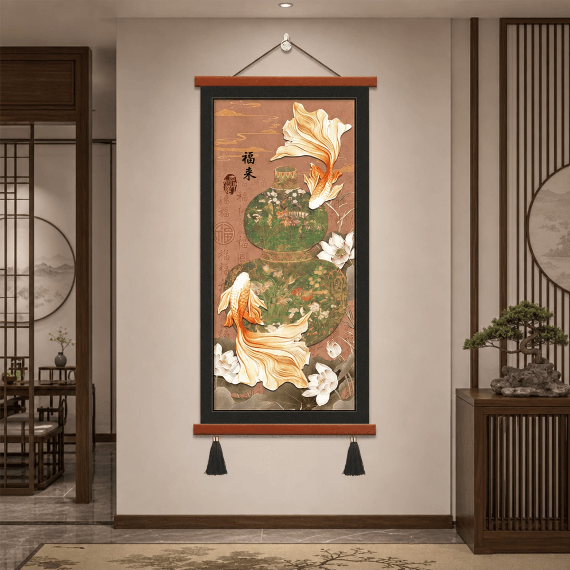 新中式福来锦鲤葫芦荷花玄关装饰画客厅走廊过道墙面招财风水挂画