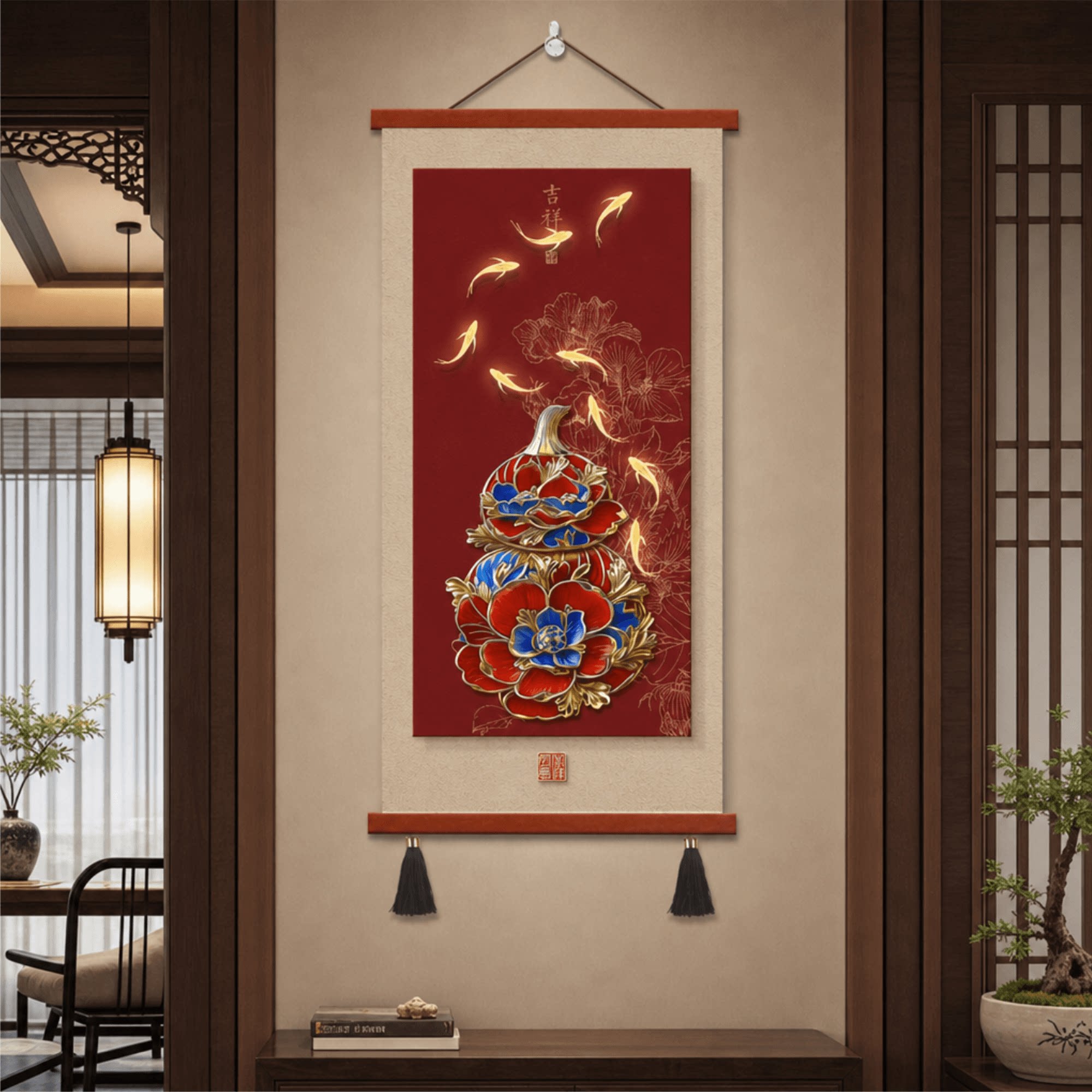 新中式玄关招财九鱼吉祥葫芦牡丹入户走廊过道墙面轻奢高级装饰画
