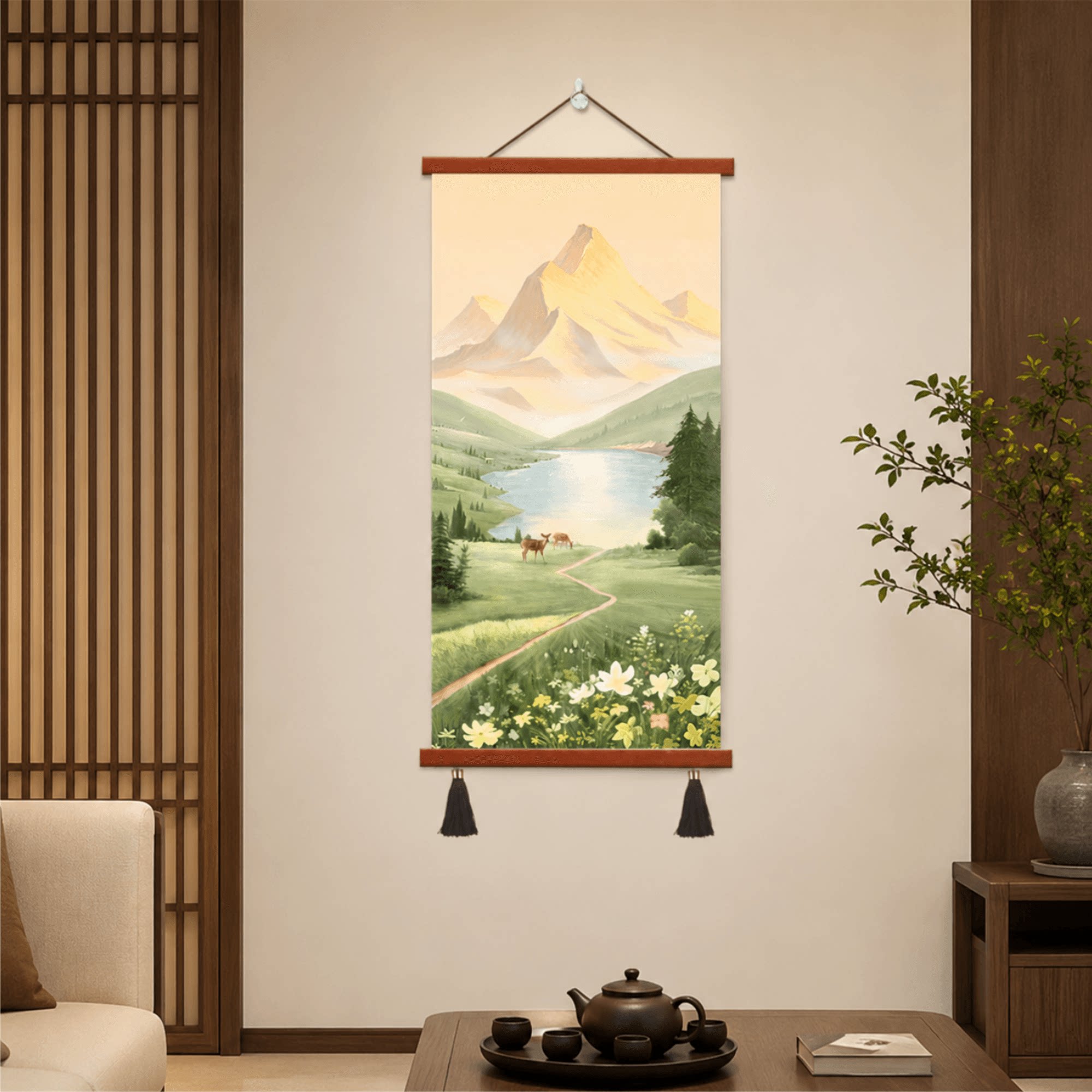 新中式手绘油画感山水田园小鹿装饰画客厅沙发背景墙玄关卧室床头