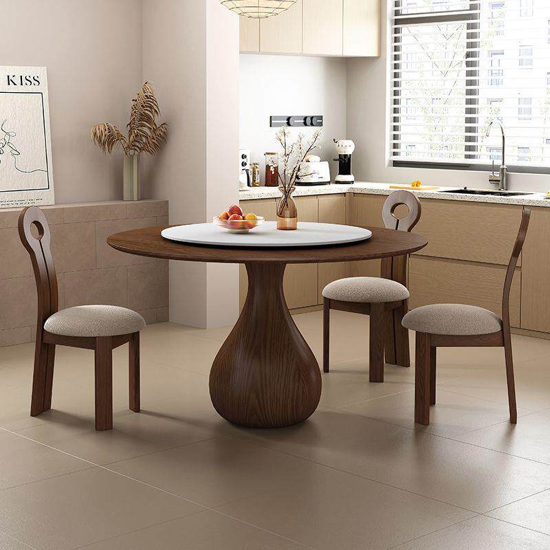 盘设白合计师圆形转饭桌组餐桌111椅复古胡桃木色圆桌蜡木家用小