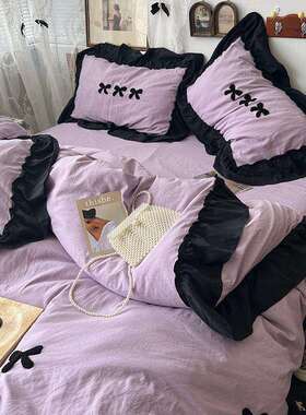 2025新床GUL款法式花边水洗棉四件套纯色蝴结蝶单套人三件女生裙