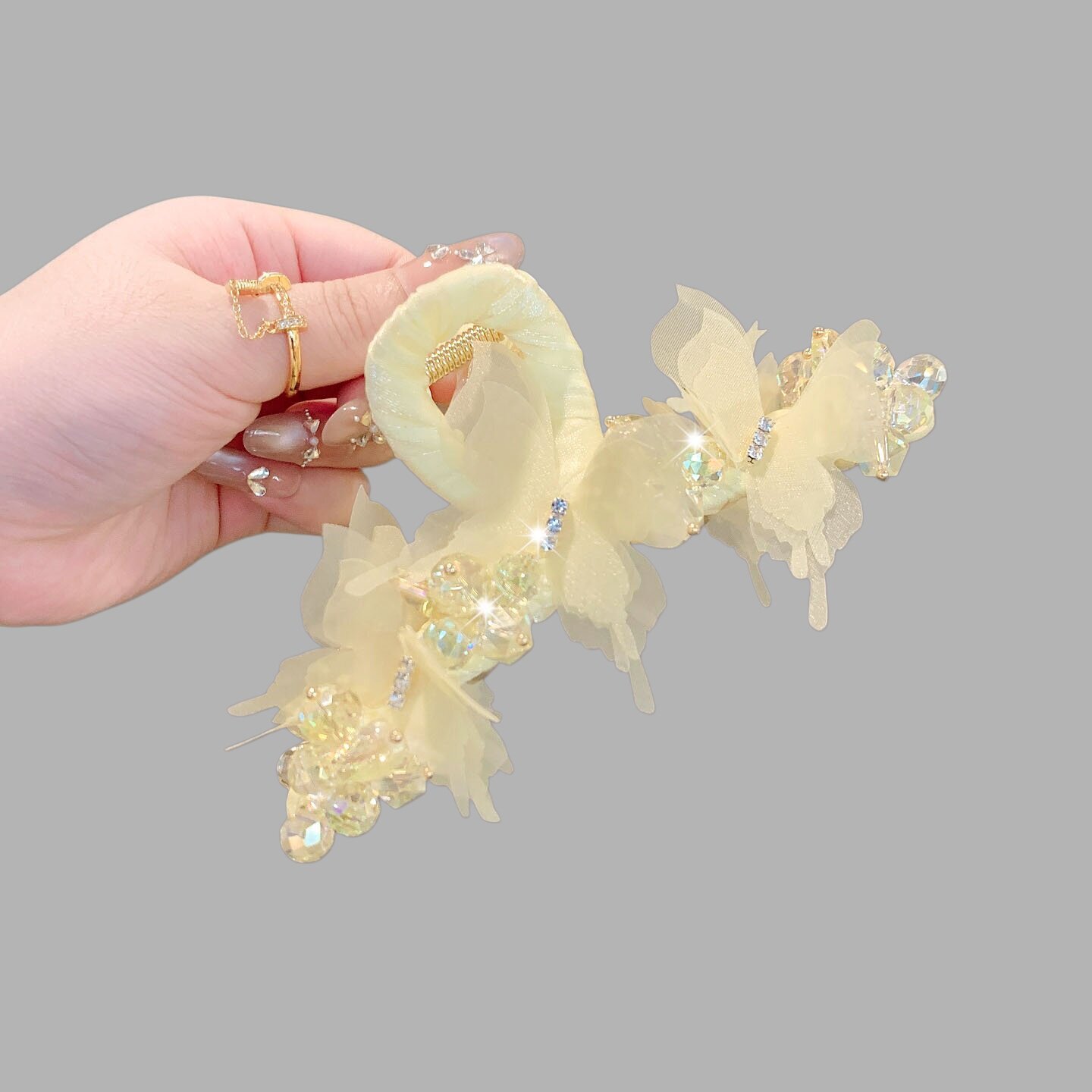 法式浪漫风布艺蕾丝花朵抓夹蝴蝶结水钻防滑鲨鱼夹女气质百搭发夹