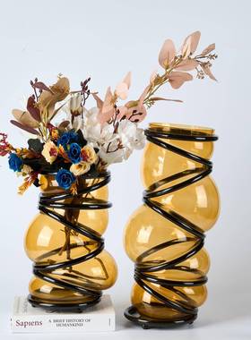 现简约璃缠玻A6金属绕花器木质高脚果盘创意摆面件桌餐桌装饰品代