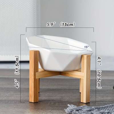 款跨新物境陶宠瓷倾斜式laz60109碗，带竹制支架，可防止宠物溢出