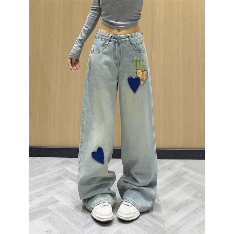 大码胖mm美式复古m设计感爱心贴布牛仔裤女2025春刺绣阔腿拖地长