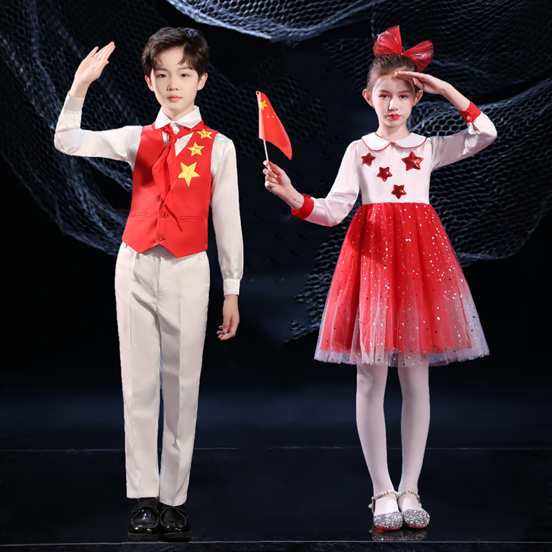 六一儿童合唱服j中小学生诗歌朗诵演出服男女童红领巾纱裙表演服