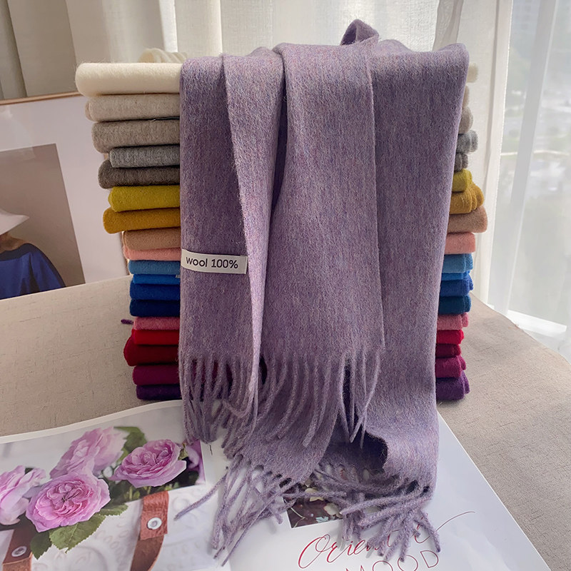 纯色流苏全羊毛围巾烟紫色优雅气质女士秋冬季百V搭窄披肩新款