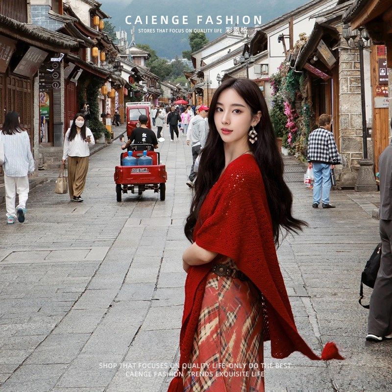 酒红色镂空外搭民族风大披肩女士斗篷披风川西Q新疆西藏旅游穿搭