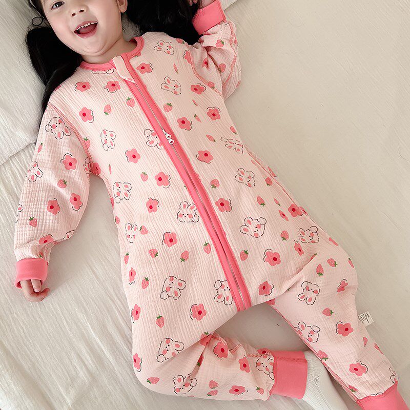 儿童睡袋纯棉纱布春秋宝宝家居z服男童女童长袖空调服婴儿连体衣