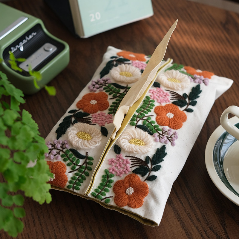 春季新品 复古花朵刺绣diy布艺手工纸K巾袋抽纸收纳材料包纸巾套