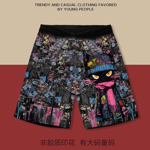 大码 美式 宽松休闲沙滩裤 男女印花y卡通夏季 五分 涂鸦猫多巴胺短裤