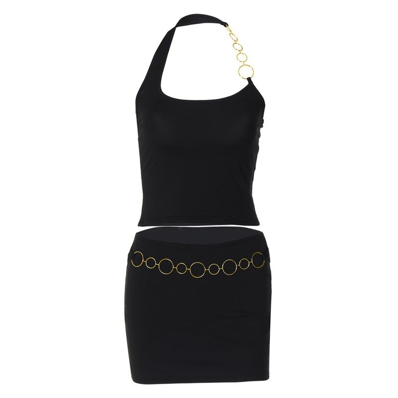 性感辣妹时尚套装女圆环链子拼接挂脖吊带背心Q高腰半身裙子两件