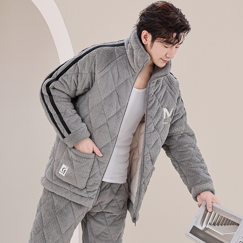 睡衣男士冬季加绒冬天保暖三层加厚款夹棉袄法兰珊瑚W绒家居服套