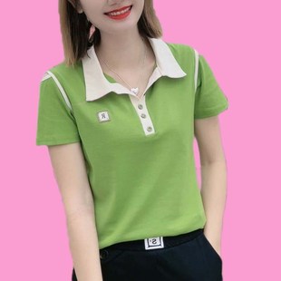 宽松大码 2024新款 BT恤女夏装 短袖 女士显瘦翻领上衣 中年妈妈polo衫