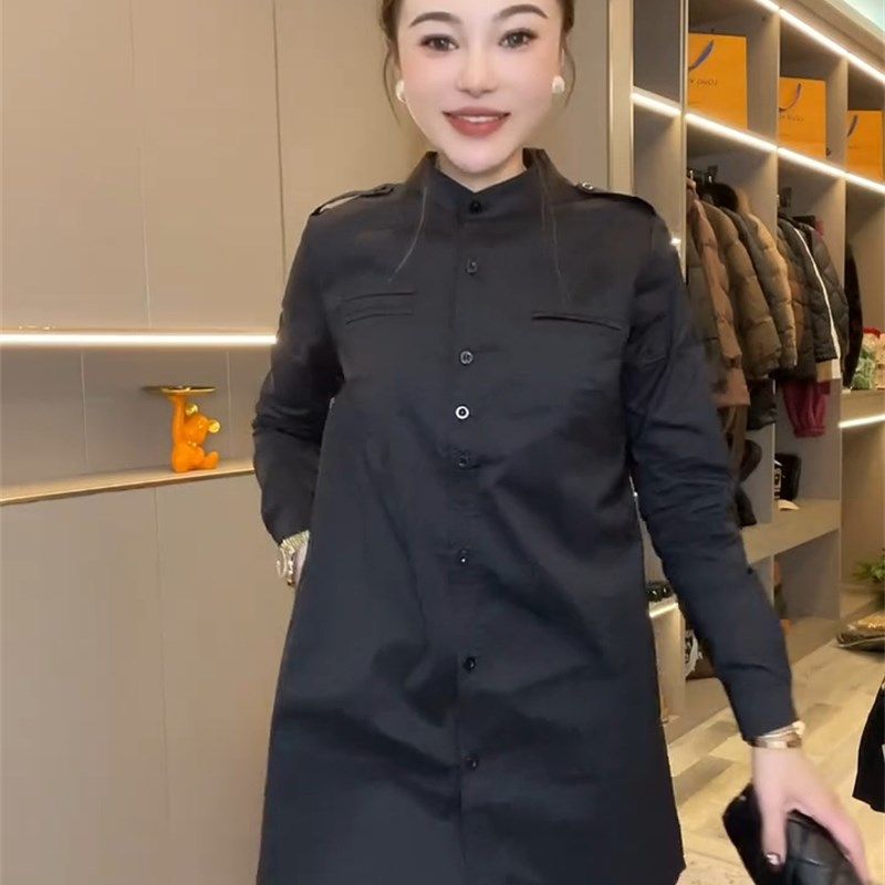 网红衬衫女2024春季新款气质修身肩章侧开叉大码中长X款冬季打底