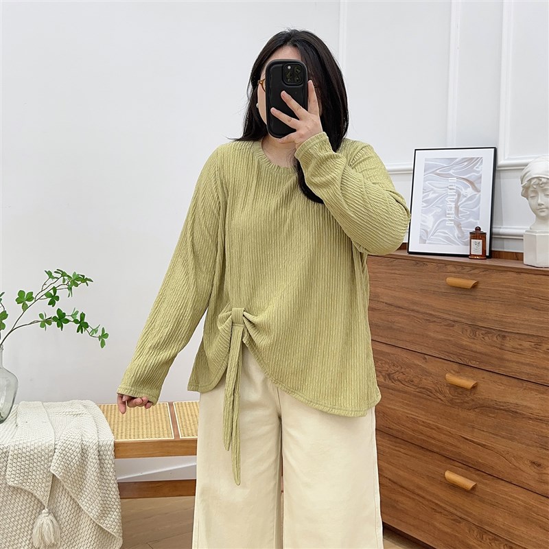 大码女装宽松上衣2025春季新w款胖mm200斤时尚褶皱打结纯色长袖t