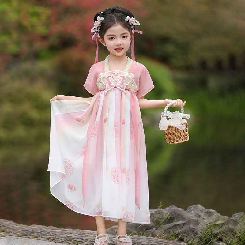汉服女童夏季薄款短袖儿童中国风A仙气公主连衣裙女孩古装表演襦