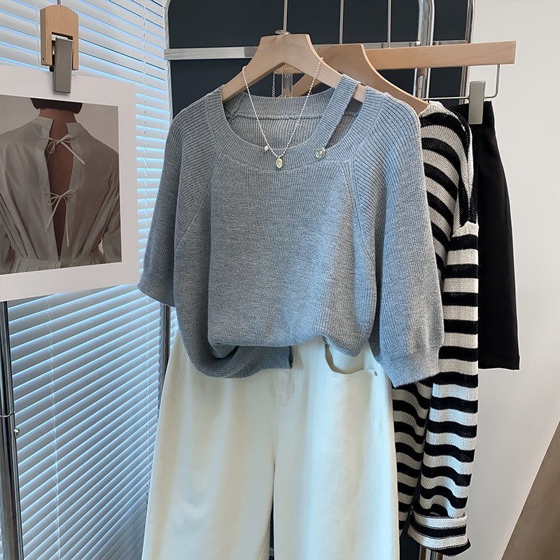 圆领挂脖针织衫女2025t夏装新款内搭上衣外穿洋气插肩短袖t恤衫潮