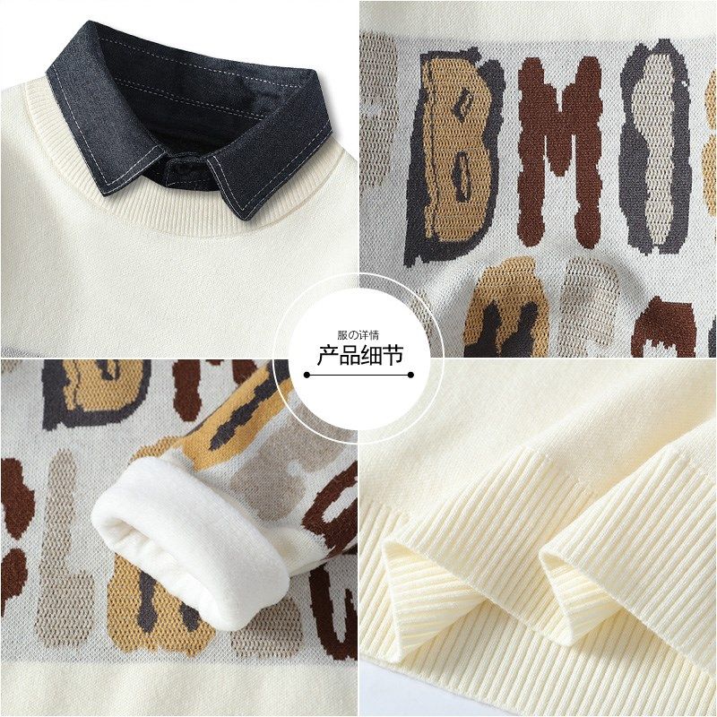 秋冬装青少年假两件毛衣男孩帅气学生G加厚加绒上衣大童打底针织