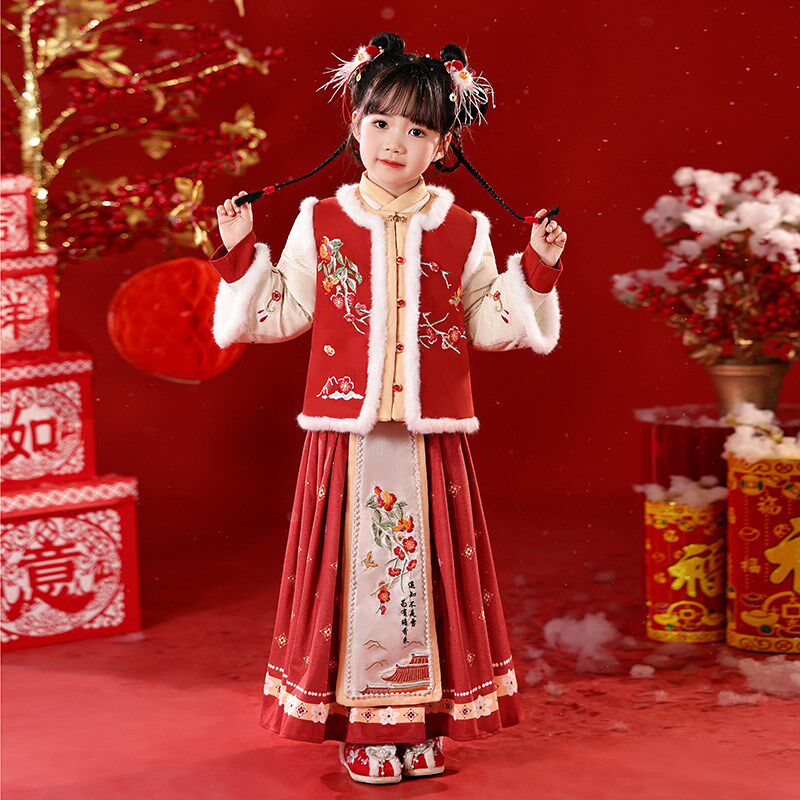 拜年服女童2025儿童汉服新中式新年冬季加厚O女红冬装过年喜庆衣