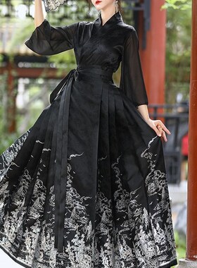 大码汉服女胖mm200斤马面裙新中式黑色国风超Q仙显瘦日常秋季套装