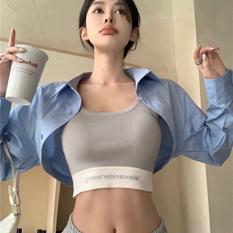 设计感白色长袖polo领衬衫夏季新款正肩短款高腰小V众衬衣外套上