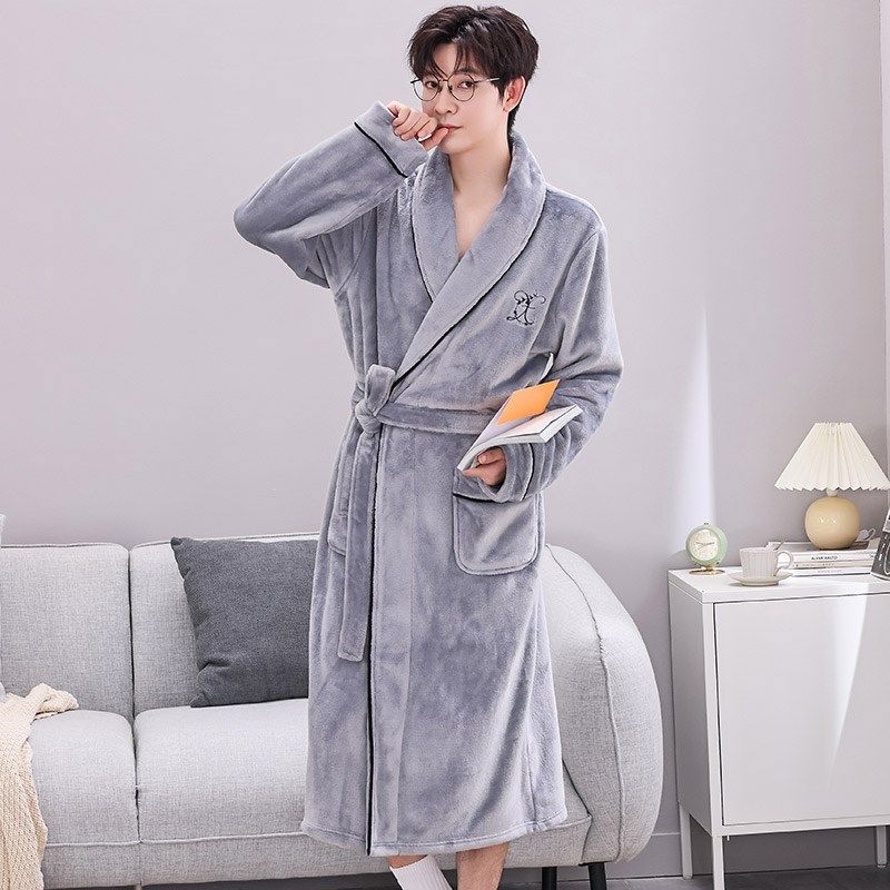 睡袍男士冬季加绒加厚珊瑚绒浴袍女长款法M兰绒睡衣秋冬大码家居