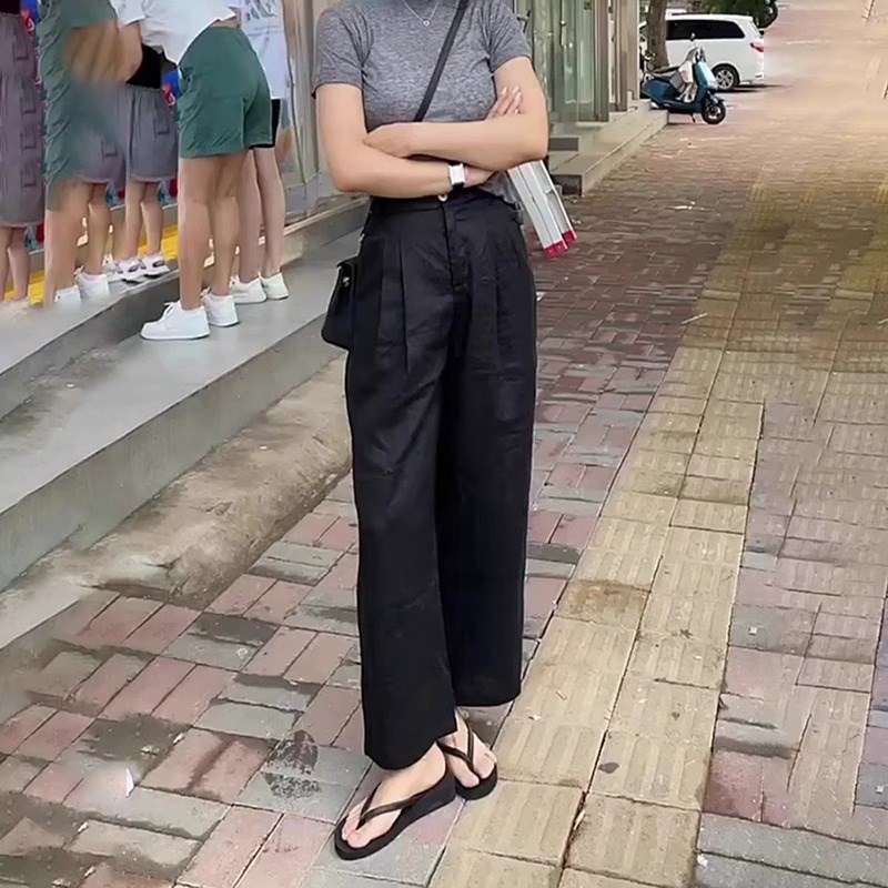 黑色九分亚麻裤女夏季新款高腰显瘦气质时尚百搭舒U适休闲直筒裤